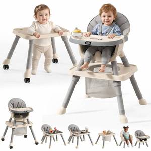 lot 361577 image: 9-in-1 Convertible Baby High Chair for 6 Months to 8 Years, Grow-with-Me Highchair for Toddlers and Infants with 5-Point Safety Harness, Lockable Wheels, Adjustable Removable Tray, BPA-Free (Grey)