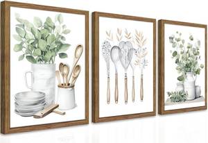 lot 361580 image: Sage Green Kitchen Canvas Wall Art Set of 3   Framed Minimalist Eucalyptus Leaves Wall Decor Artwork, Modern Dining Room Plant Pictures Poster Prints for kitchen Home Decoration   12x16in