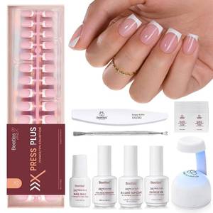 lot 361595 image: Beetles French Tip Press On Nail Kit - Short Square 150Pcs Pink  15 Sizes French Nail Tips with Nail Glue & Remover Builder Top Coat Nail Lamp, All-in-One DIY Fake Nails Gift for Women