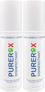 lot 461418 image: PUREROX disinfectant (3.4oz, 2pk) TSA Approved travel size. Eliminate 99.9999% viruses Norovirus, MRSA, Fungus, Bacteria. Hospital Grade. Safe for Use Anywhere. No residue. Suitable for All Surfaces.