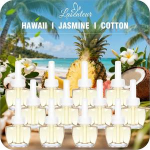 lot 461431 image: Plug In Air Freshener Refills,10 Count Plug  Hawaiian, Jasmine & Cotton Scent for Bathrooms & Kitchen, Refill for Bedrooms, Office, Compatible with Air Wick & Glade