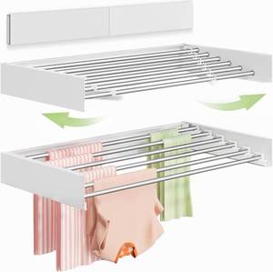 lot 461432 image: Vikaqi Wall Mounted Clothes Drying Rack 40 inches, Foldable Wall Mount Laundry Rack Folding Indoor, Drying Rack Clothing Collapsible, Hidden Space Saver with Wall Template, 6 Rods, White