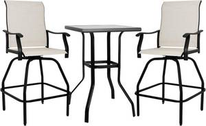 lot 331155 image: Retails for $260 LEVELEVE Patio Bar Set 3pcs Swivel Bar Stools Outdoor Bistro Textilene Furniture Stability All-Weather Set with Height Table (3, Beige Fabric)