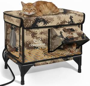 lot 461407 image: Retails for $127 Indestructible Heated Cat House for Outside Winter, 100% Waterproof, Safe Escape Door, Insulated Outdoor Cat Shelter with Heater for Feral Barn Cat Kitty (Desert Camouflage, 13x17x18)