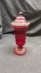 Ruby Red Pressed Glass Footed Candy Dish with Lid - Cadmium Glow