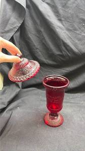 Ruby Red Pressed Glass Footed Candy Dish with Lid - Cadmium Glow