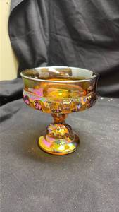 lot 6 image: Amber Carnival Glass Pedestal Compote with Moon and Stars Pattern