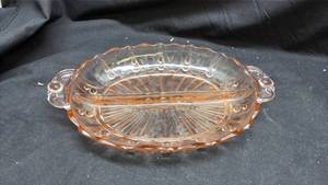 lot 7 image: Pink Depression Glass Divided Relish Dish with Handles - Selenium Glow