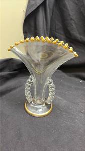 lot 8 image: Fan-Shaped Glass Vases with Gold Beaded Rim and Bubble Handles - Lead Glow
