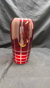lot 9 image: Ruby Red Cut-to-Clear Crystal Vase with Grid Pattern - Lead Glow
