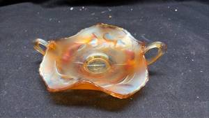 lot 11 image: Marigold Carnival Glass Two-Handled Nappy Dish with Leaf Pattern