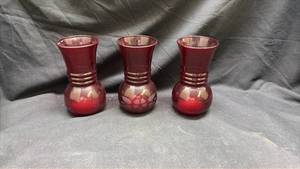 lot 12 image: Set of 3 Ruby Red Glass Bud Vases with Etched Floral Detail