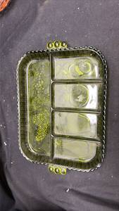 lot 14 image: Green Glass Divided Relish Tray with Fruit Pattern - Neodymium Glow