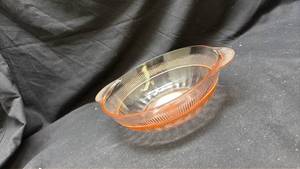 lot 17 image: Pink Depression Glass Oval Bowl with Handles