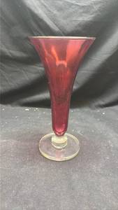 lot 22 image: Cranberry Red Art Glass Trumpet Vase with Clear Pedestal Base
