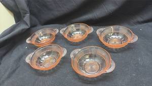 lot 23 image: Pink Depression Glass Handled Berry Bowls Set of 5