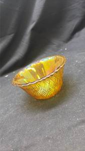 lot 27 image: Marigold Carnival Glass Basket Weave Small Bowl