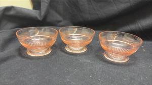 lot 32 image: Pink Depression Glass Footed Sherbet Bowls Set of 3