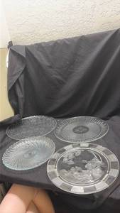 lot 37 image: Mixed Pattern Clear Pressed Glass Plates and Serving Dishes Set