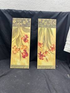 lot 80 image: Pair of Floral Wall Art Panels with Red and Orange Flowers
