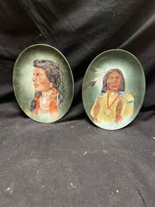 lot 82 image: Pair of Oval Portrait Plaques Native American Figures Hand-Painted