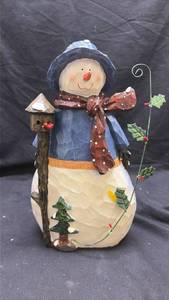 lot 111 image: Hand-Painted Snowman Decorative Figure with Birdhouse and Holly Accents