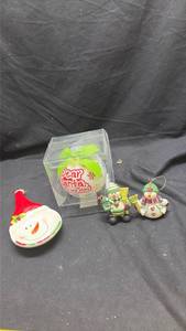 lot 115 image: Christmas Holiday Ornament Lot 4 Pieces Snowman Santa Ceramic