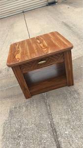 lot 117 image: Wood Nightstand Table with Open Shelf and Decorative Drawer Front