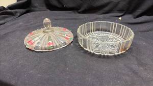 lot 129 image: Glass Covered Dish with Painted Floral Lid and Matching Bowl, 2-Piece Set