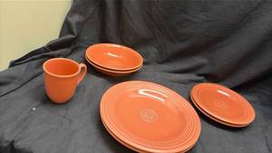 lot 135 image: Oneida Dinnerware Set, Orange Petal. Place Setting of 2 (only 1 mug).