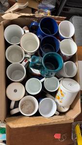 lot 140 image: Mixed Ceramic Coffee Mugs Lot Blue White Tan Printed Graphics 20 Pieces
