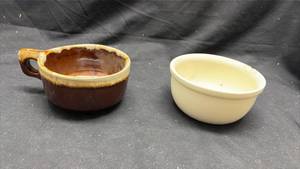 lot 154 image: Ceramic Bowls 2 Piece Lot Brown and Cream Handmade