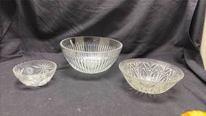 lot 159 image: Lot of 3 Cut Glass Bowls with Floral and Radial Patterns