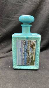 lot 187 image: Turquoise Glass Decanter Bottle with Stopper Pt. Loma San Diego California 1869 Label