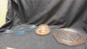 lot 190 image: Glassware Lot 5 Pieces Decorative Dishes Bowls Handles Blue Clear Amber