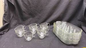 lot 195 image: Glass Teacup Set 9 Cups with Serving Trays Embossed Pattern