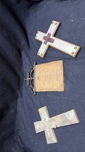 lot 199 image: Lot of 3 Decorative Crosses - Trinity Cross, Carved Rose Cross, Dark Wood Cross