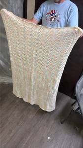 lot 204 image: Handmade Crocheted Throw Blanket Multicolor Wave Pattern Approximately 45 x 50 inches