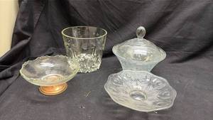 lot 209 image: Glass Tableware Lot Candy Dish Covered Bowl Tumbler Serving Pieces