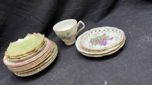 lot 213 image: Porcelain Tableware Lot with Cup, Plates, Floral Decoration and Gold Trim