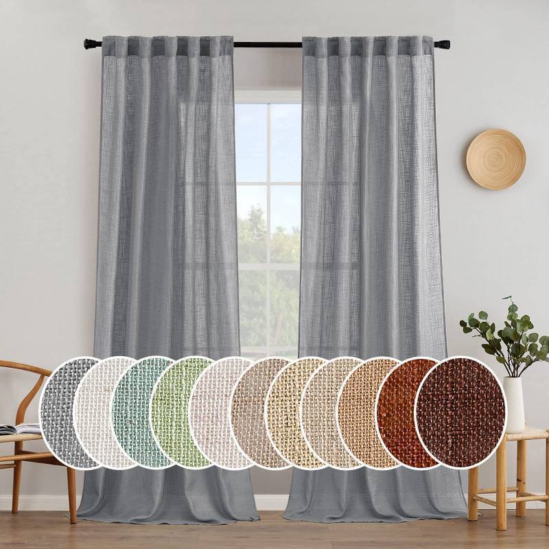 lot 26717 image: Grey Linen Curtains 90 Inch Long for Bedroom Living Room, Soft Thick Linen Textured Window Drapes Gray Semi Sheer Light Filtering Back Tab Rod Pocket Burlap Look Decor, 2 Panels - Retail $39