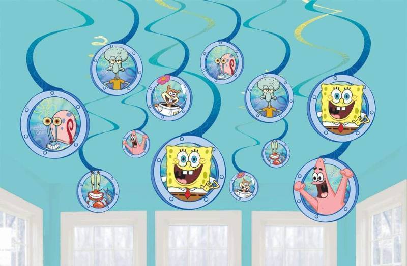 lot 56982 image: SpongeBob Multicolor Spiral Decorations With 5 Cutout - Pack Of 12 - Eye-Catching Design & Durable Party Decors - Perfect For Fans & Themed Events - Retail $15