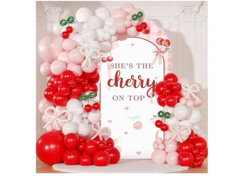 lot 58319 image: 6ft Cherry Coquette Arch Backdrop Cover for Girls, Pink Bow Shes The Cherry on Top Baby Shower Arch Covers, 2-Sided Round Top Chiara Coquette Theme Arch Decorations for Bridal Shower (no balloons) - Retail $20