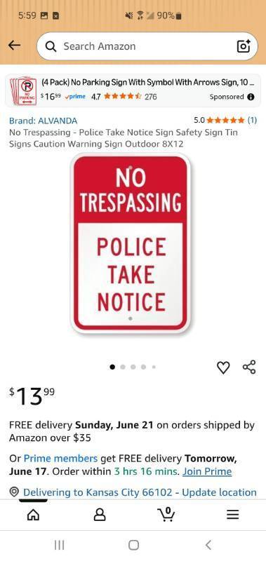 lot 58397 image: No Trespassing Police Take Notice Tin Sign 8x12 - Retail $13