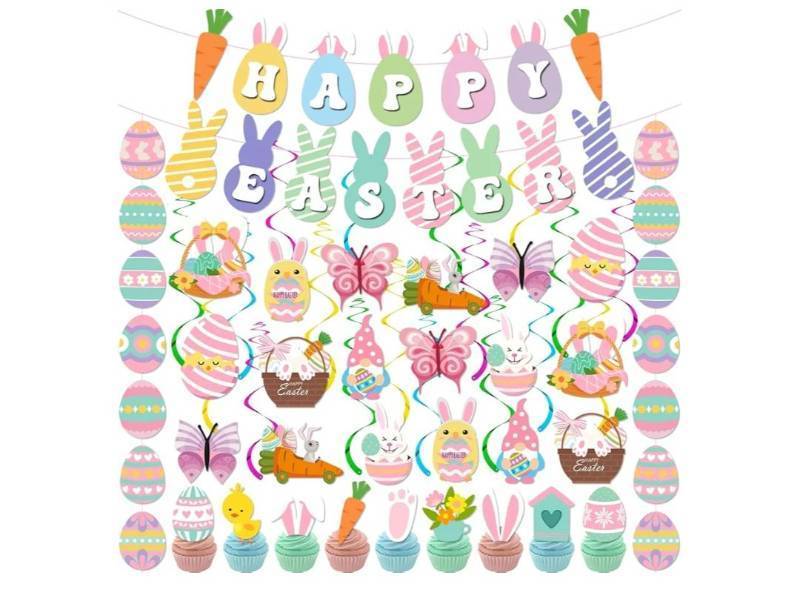 lot 58428 image: Easter Decorations for Home Happy Easter Banner with Carrot, Egg Bunny Garland Butterfly Hanging Swirl and Cupcake Toppers for Home Party Office School Spring Holiday Celebrations - Retail $4