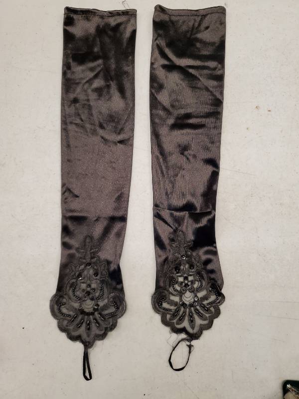 lot 58462 image: Black Satin Long Gloves with Beaded Lace Cuff - Retail $12