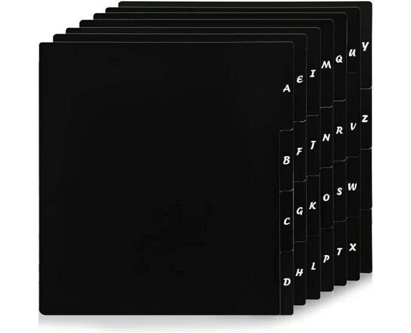 lot 58483 image: 28Pcs Vinyl Album Divider Cuttable A-Z Record Divider DVD Cd File Alphabet Tab Record Organizer with Large Index Card Holder for Vinyl LP, Label on Single Side, 13.6 x 12 Inches(Black). - Retail $19
