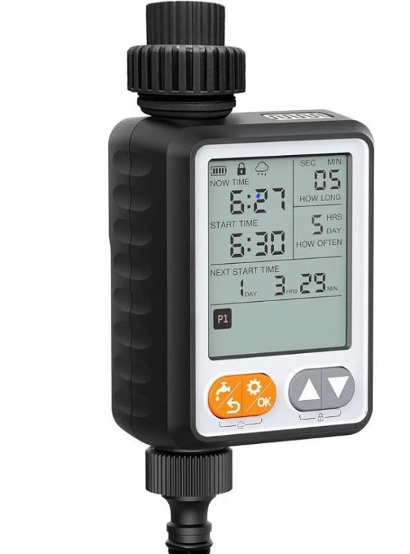 lot 27214 image: Sprinkler Timer for Garden Hose, 10 Programmable Water Timer with with Auto Rain Delay, IP54 Waterproof 3.3 Large LCD Drip Irrigation System Timers for Plant, Yard, Lawns, Outdoor - Retail $20