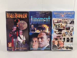 lot 206 image: 3 VHS Tapes Whats Wrong with Halloween, Judgment, Hello World TBN Story