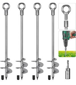 lot 4184 image: 30 Ground Anchors Screw in Heavy Duty 12mm Solid Steel, 3 Spiral Blade with Smooth Edges, Fully Welded Design for Mobile Home, Shed, Trampoline, Swing Set, Carport, Earth, Tent, 4Pack